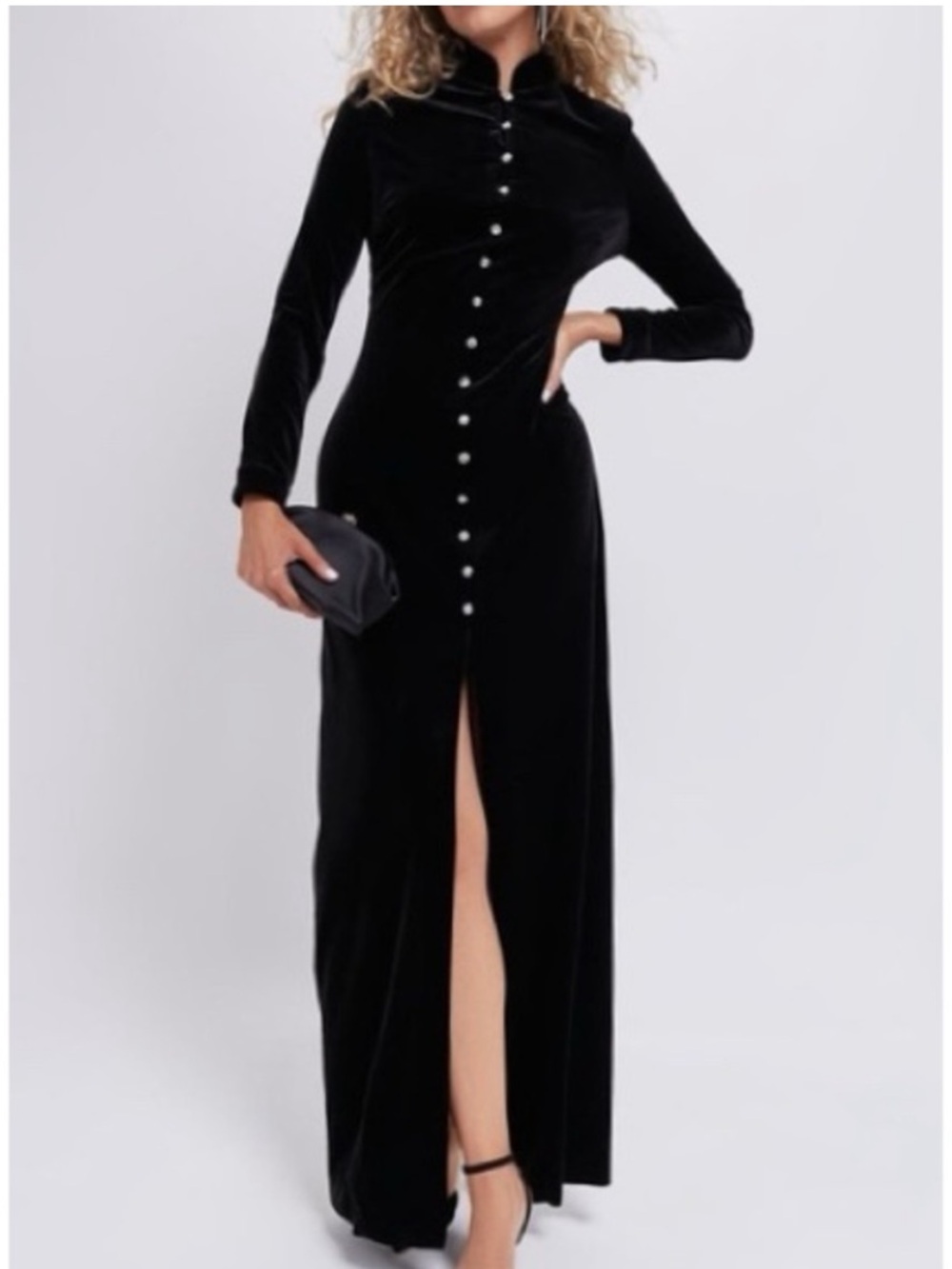 TUCKERNUCK Black Velvet Loretta Crystal Button Maxi Dress NWT Small